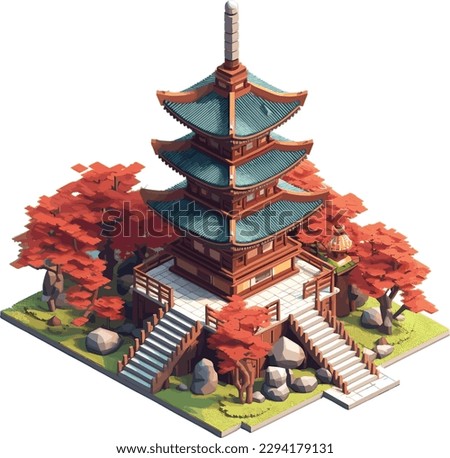 Voxel pagoda japanese chinese 2d vector art, isometric view, red, colorful, design for a t-shirt, sticker, videogames, japanese architecture, asian garden Royalty-Free Stock Photo #2294179131