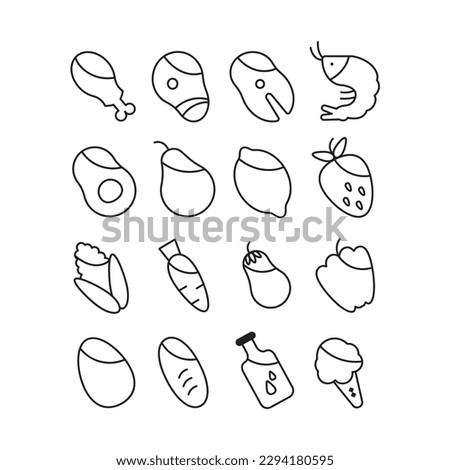 16 food doodle black icons including different foods. Cute line art of hand drawn food groups. Outlined food drawing