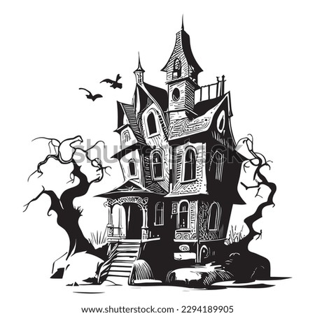 Haunted House silhouette Hand Drawn Sketch Illustration Halloween Cartoon Royalty-Free Stock Photo #2294189905