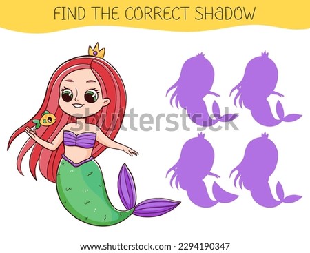 Find the correct shadow game with mermaid. Educational game for children. Cute cartoon mermaid. Shadow matching game. Vector illustration.