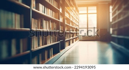 Blurred public library interior space. Defocused bookshelves with books - vintage tone. Learning and education concept background Royalty-Free Stock Photo #2294193095