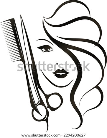Face silhouette of a beautiful girl with curls of hair. Scissors and comb stylist. Design for hair care hair salon Royalty-Free Stock Photo #2294200627