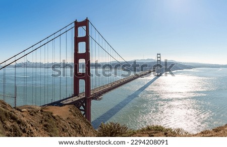 A picture of the Golden Gate Bridge in the morning, as seen from Battery Spencer.