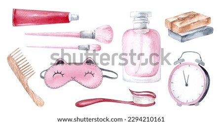 Set of morning routine elements drawn in sketch style isolated on white background. Watercolor hand drawn illustration.