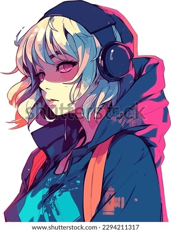 Beautiful anime girl in vector illustration, vaporwave, synthwave, chromosaturation, neon, vintage, futurefunk, hip-hop, sticker, t-shirt, cyberpunk, isolated in white background Royalty-Free Stock Photo #2294211317