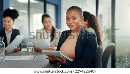 Business meeting, black woman and portrait with tablet for online planning, strategy and smile. Happy female worker working on digital technology for productivity, connection and happiness in startup Royalty-Free Stock Photo #2294226409