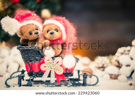 Small toy bears on a sleigh in christmas still life