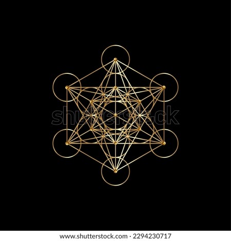 Gold Metatrons Cube,  Flower of Life. Sacred geometry, golden graphic element Vector isolated on black background. Mystic icon platonic solids, abstract geometric drawing, typical crop circles Royalty-Free Stock Photo #2294230717