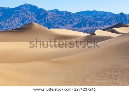 Smooth sand dune undulations contrasts with the jagged mountains beyond, Mesquite Flats Sand Dunes, Death Valley National Park, California Royalty-Free Stock Photo #2294237241