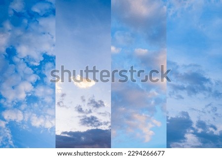 The art collage of the different shades of the blue sky and the fluffy cloud sets in a daytime designed in a horizontal style. 