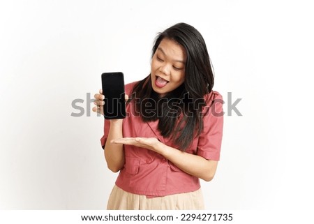 Showing Apps or Ads On Blank Screen Smartphone Of Beautiful Asian Woman Isolated On White Background
