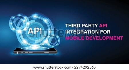 Third party API integration for mobile development. Mobile app API development banner, user software API prototyping, Application Programming Interface. Vector.