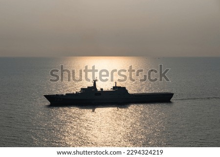 Aerial image of Thailand warships sailing in Thai gulf ocean. Royalty-Free Stock Photo #2294324219