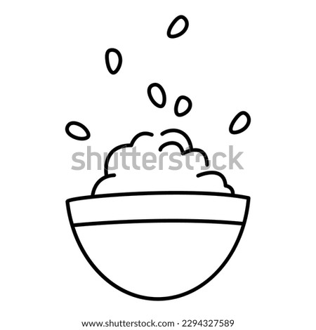 Rice bowl outline drawing isolated on white background. Doodle asian food icon or logo. Black and white vector illustration.