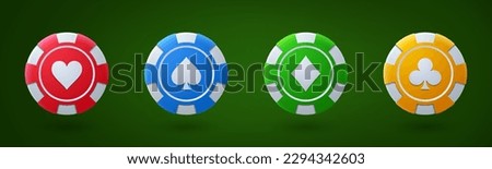 Poker chips, casino game icons. Gambling coins, four tokens with card signs of diamond, heart, spade and club isolated on green background, vector realistic set Royalty-Free Stock Photo #2294342603