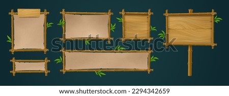 Wooden bamboo sign board frame game ui vector set. Wooden signboard with rope on stick and border isolated tropical illustration. Hawaiian empty menu panel layout for message or notification Royalty-Free Stock Photo #2294342659