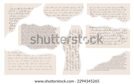 Vector torn pieces of old paper with handwpitten and typewriter text. Eight elements with tear paper effect. Sizable, editable vector. Royalty-Free Stock Photo #2294345265
