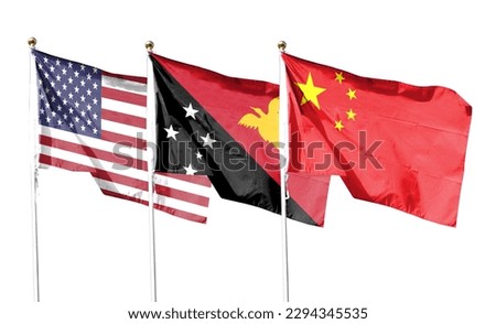 American flag with Chinese flag and Papua New Guinea flag on cloudy sky. waving in the sky