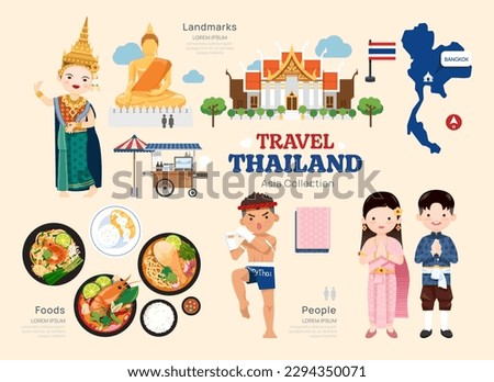 Travel Thailand flat icons set. Siam element icon map and landmarks symbols and objects collection. vector illustration. Royalty-Free Stock Photo #2294350071