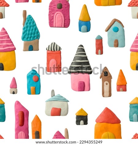 Seamless pattern of cute handmade houses. Multicolored plasticine buildings. Modelling clay. 