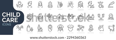 Set of line icons related to child care,   international children day, kid rights, parenthood. Outline icon collection. Editable stroke. Vector illustration