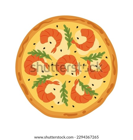 Tasty seafood pizza with shrimps ingredients. Vector illustration