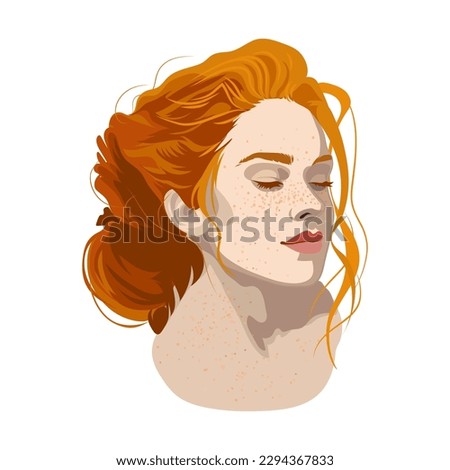 Portrait of a beautiful girl with closed eyes, freckles and red hair with a beam. Vector illustration isolated on white background Royalty-Free Stock Photo #2294367833