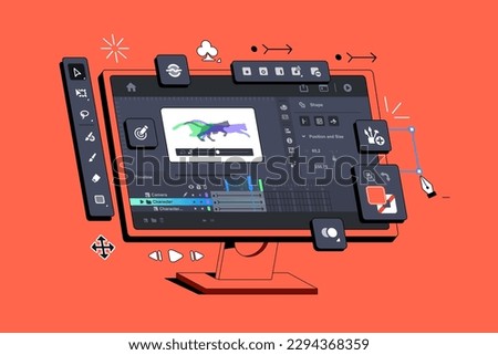 Program for creating frame-by-frame animation.Toolbar. Creation of cartoons and animations. Hand drawn graphics. Animate your character. Fake 3d vector illustration 
 Royalty-Free Stock Photo #2294368359