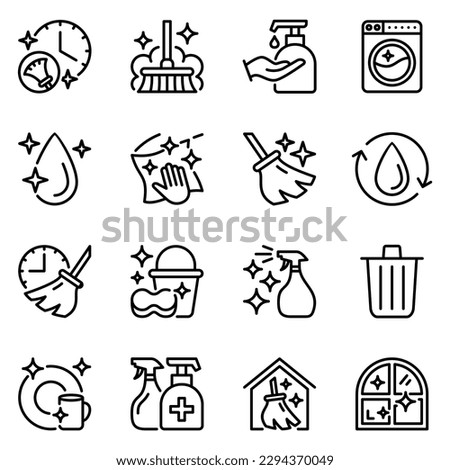 cleaning line icons set. wash, spray, stroke, dust, hygiene, outline, cloth, maid, drop, liquid, service, window, brush, tool, housekeeping, dirty, soap, washing, mop, household, work, washer Royalty-Free Stock Photo #2294370049