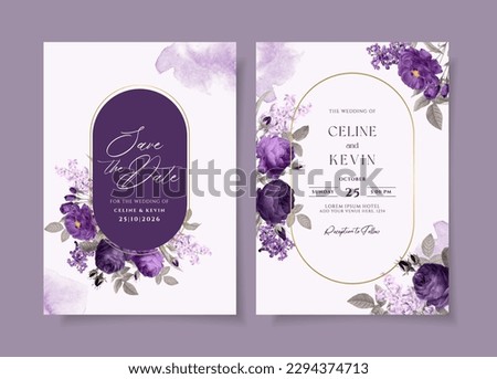 Watercolor wedding invitation template set with romantic purple violet floral and leaves decoration Royalty-Free Stock Photo #2294374713