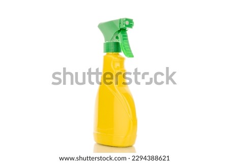 One plastic container with sprayer for liquid, macro, isolated on white background.