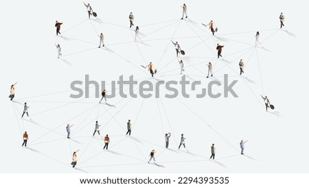 Aerial view of different people of diverse age and gender connected with social media lines against white background. Communication. Concept of human cooperation, online technologies, modern lifestyle