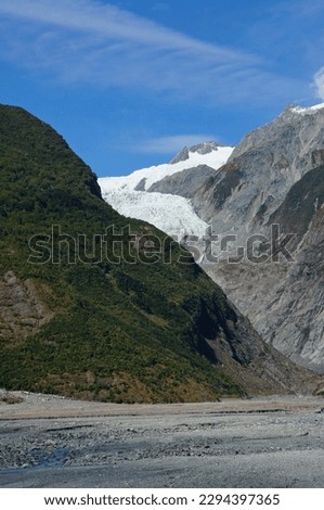 Portrait view of the retreating Franz Josef Glacier from viewing area in New Zealand