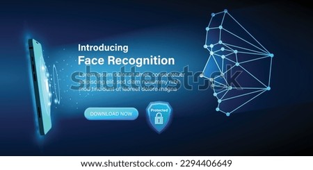 Identification of a person through facial and face recognition technology. The smartphone scans a person's face and create a polygonal mesh conposed of lines and dots. Vector illustration. Royalty-Free Stock Photo #2294406649