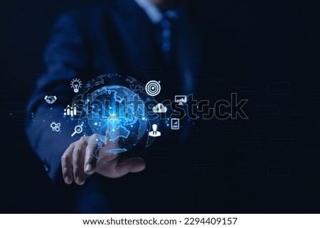 Businessman hand touching global icon big data digital link technology application online internet connection marketing business concept finance and banking global success