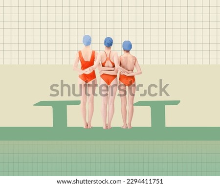 Three young girls, swimming athletes in red swimsuits standing near pool, ready to swim. Hobby and lifestyle. Contemporary art collage. Concept of sport, retro style, creativity, fashion, activity.