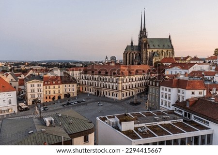 Evening skyline of Brno city with Zelny trh square and the cathedral of St. Peter and Paul, Czech Republic