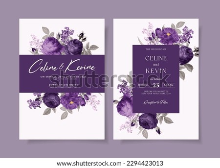 Watercolor wedding invitation template set with romantic purple violet floral and leaves decoration Royalty-Free Stock Photo #2294423013
