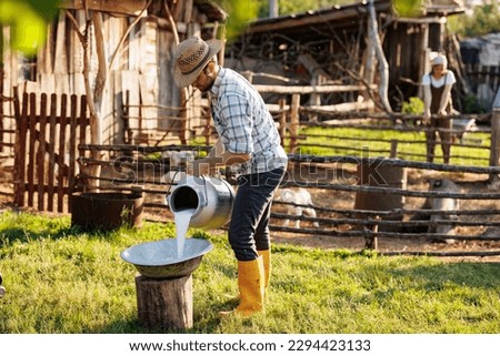 Portrait of young farmer pours milk into can at his elocogical farm. Concept of milk production and agriculture business. Animal husbandry for the industrial production of goat milk dairy products Royalty-Free Stock Photo #2294423133