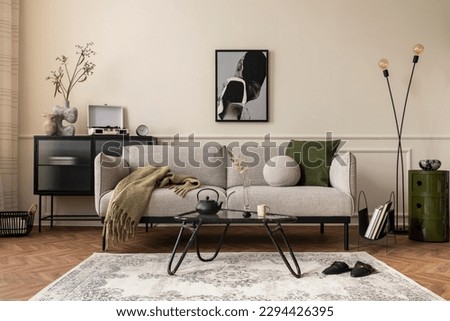 Creative composition of living room interior with mock up poster frame, gray sofa, black coffee table, patterned rug, plants in flowerpots, slippers and personal accessories. Home decor. Template.  Royalty-Free Stock Photo #2294426395