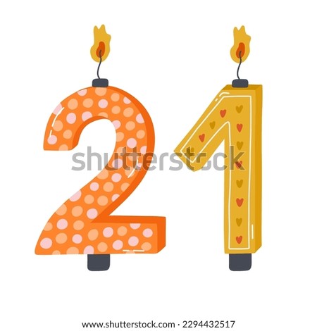 Cute hand drawn birthday candle numbers with burning flames in scandinavian style. Decoration for holiday cake for celebration 21-year anniversary of birthday, wedding. Stylized vector clipart.
