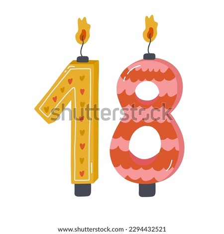 Cute hand drawn birthday candle numbers with burning flames in scandinavian style. Decoration for holiday cake for celebration 18-year anniversary of birthday, wedding. Stylized vector clipart.