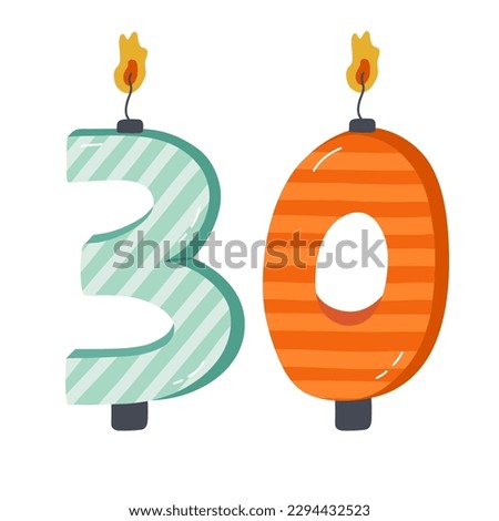 Cute hand drawn birthday candle numbers with burning flames in scandinavian style. Decoration for holiday cake for celebration 30-year anniversary of birthday, wedding. Stylized vector clipart.