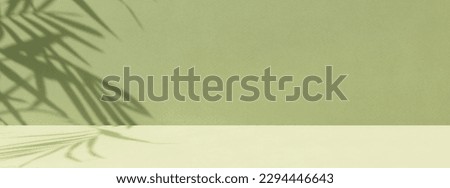 Minimal abstract background for the presentation of a cosmetic product. Empty premium podium with a shadow of tropical palm leaves on a green background. Showcase, display case.