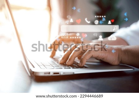 Searching information data on internet networking concept. Data Search Technology Search Engine Optimization. Women's hands are using a computer keyboard to Searching for information.