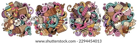 Ice Cream cartoon vector doodle designs set. Colorful detailed compositions with lot of sweet food objects and symbols. Isolated on white illustrations