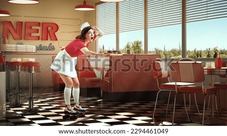 Young adorable girl, waitress in retro style clothes and rollers holding food tray and delivering to clients over 3D model of diner interior, restaurant. Vintage cafe service. Concept of food, art, ad Royalty-Free Stock Photo #2294461049