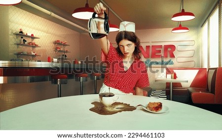 Composite image with young woman, waitress in 70s retro fashion uniform sitting at table with coffee on 3D model of diner interior, restaurant. Cheeky behavior. Concept of food, cafe, service, ad Royalty-Free Stock Photo #2294461103