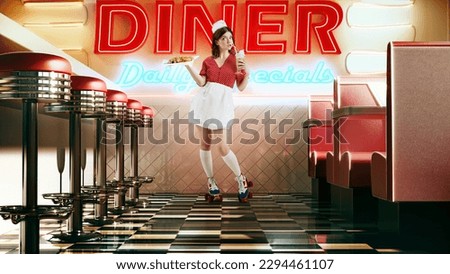 Young beautiful girl, waitress in retro style clothes holding food tray and drinking milkshake over 3D model of diner interior, restaurant. Vintage cafe service. Concept of food, art, ad Royalty-Free Stock Photo #2294461107