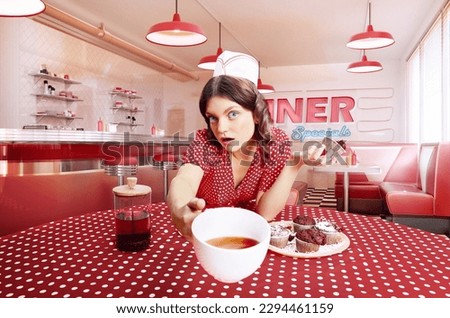 Composite image with young woman, waitress in 70s, 80s retro fashion style uniform sitting at table drinking coffee with muffins over 3D model of diner interior. Concept of food, cafe, service, ad